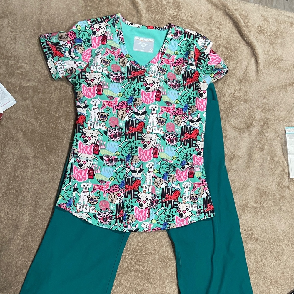 Colorful Dog Print Scrub Top and Teal Pants Set
